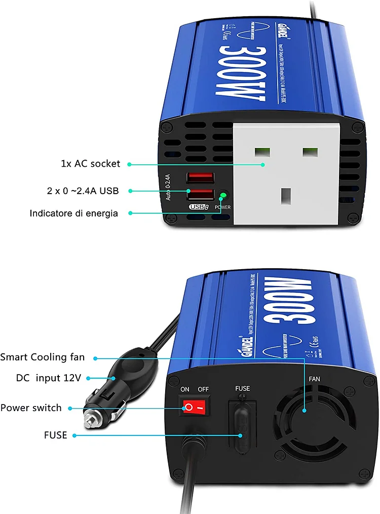 Pure Sine Wave Power Inverter 300Watt Car Adapter Converts 12V to 240V