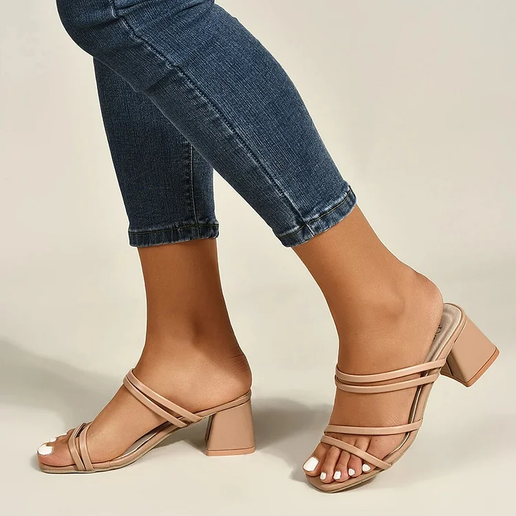 Nude Square Toe Block Heel Strappy Sandals Vdcoo