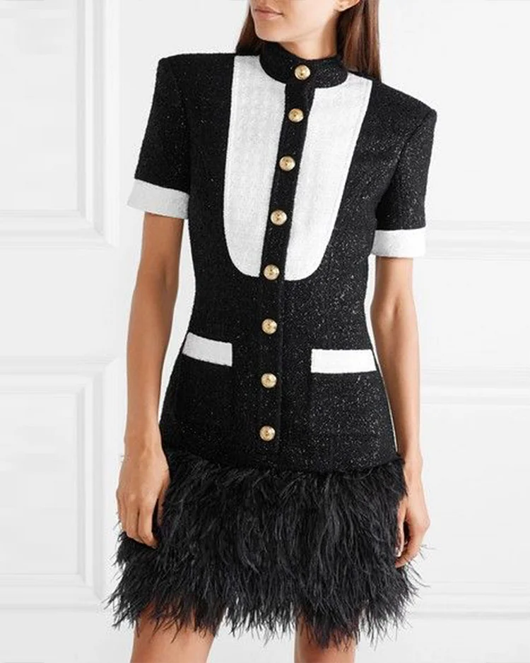 Feather-trimmed metallic wool-blend tweed mini dress