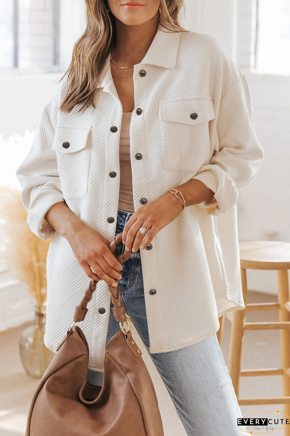 Solid Textured Flap Pocket Buttoned Shacket