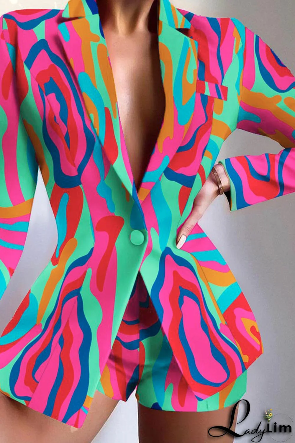 Camel Casual Print Patchwork Buttons Turn-back Collar Long Sleeve Two Pieces