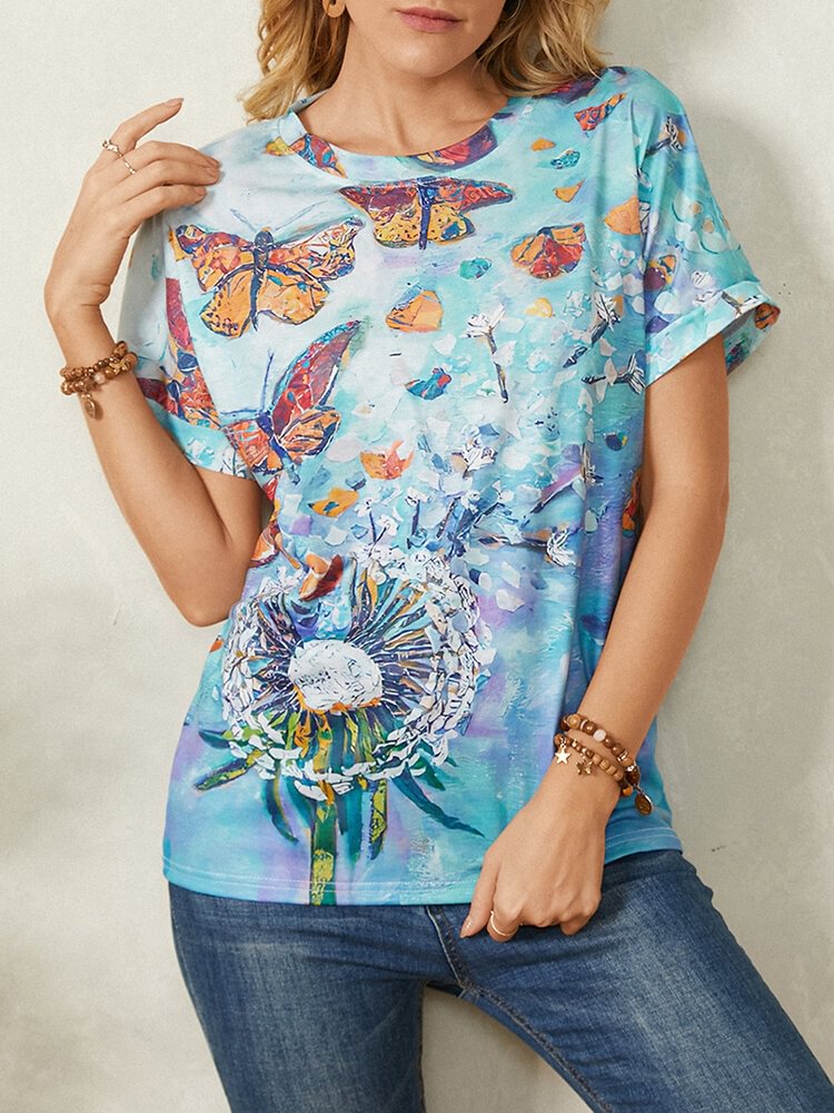 Butterfly Print O neck Short Sleeve Casual T Shirt For Women P1812898