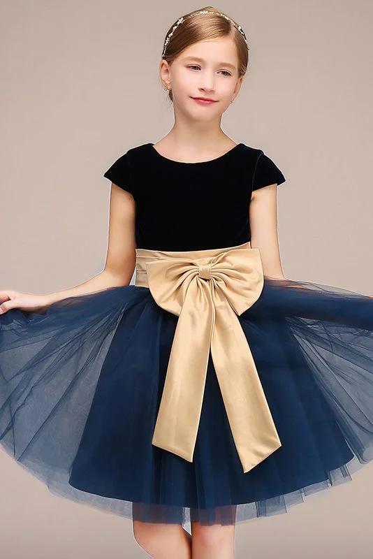 Bellasprom Cap Sleeve Jewel Polyester Flower Girl Dress Tulle with Bow
