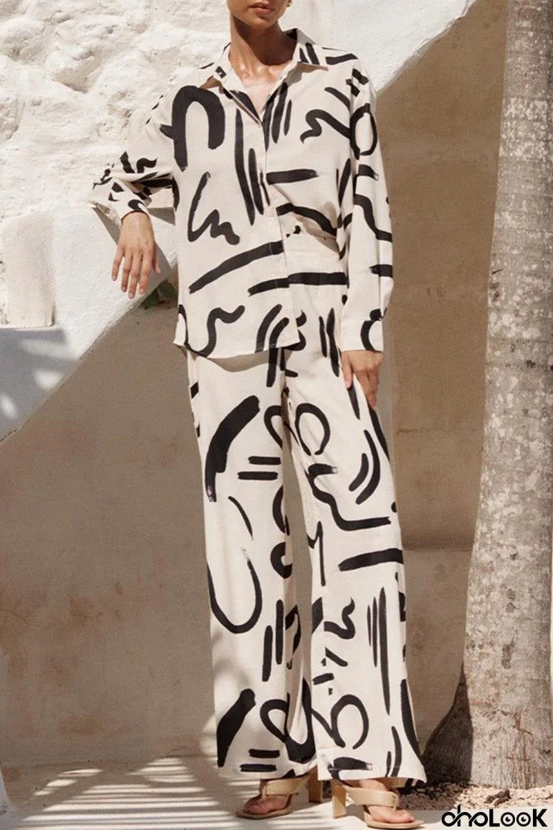 Casual Print Patchwork Turndown Collar Long Sleeve Two Pieces
