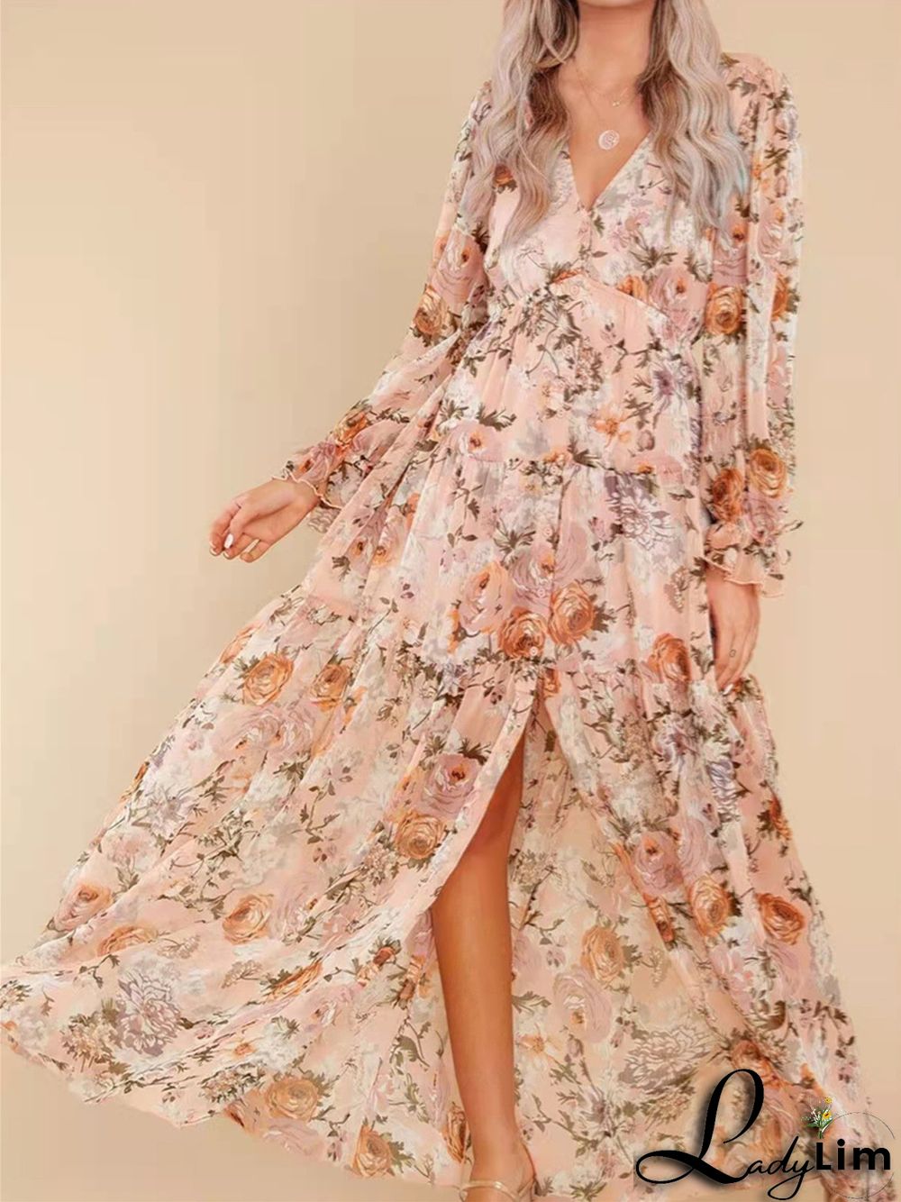 Women's Floral Printed Long Sleeve V-neck Maxi Dress