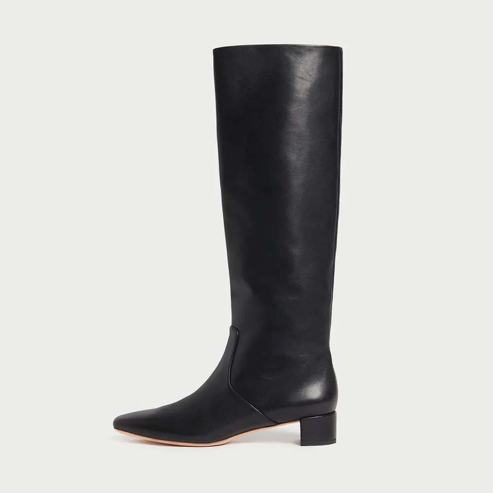 Black Vegan Leather Square Toe Chunky Heel Tall Boots for Women