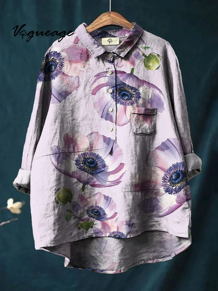 Generous Elegant And Simple Flowers Print Cotton And Linen Shirt