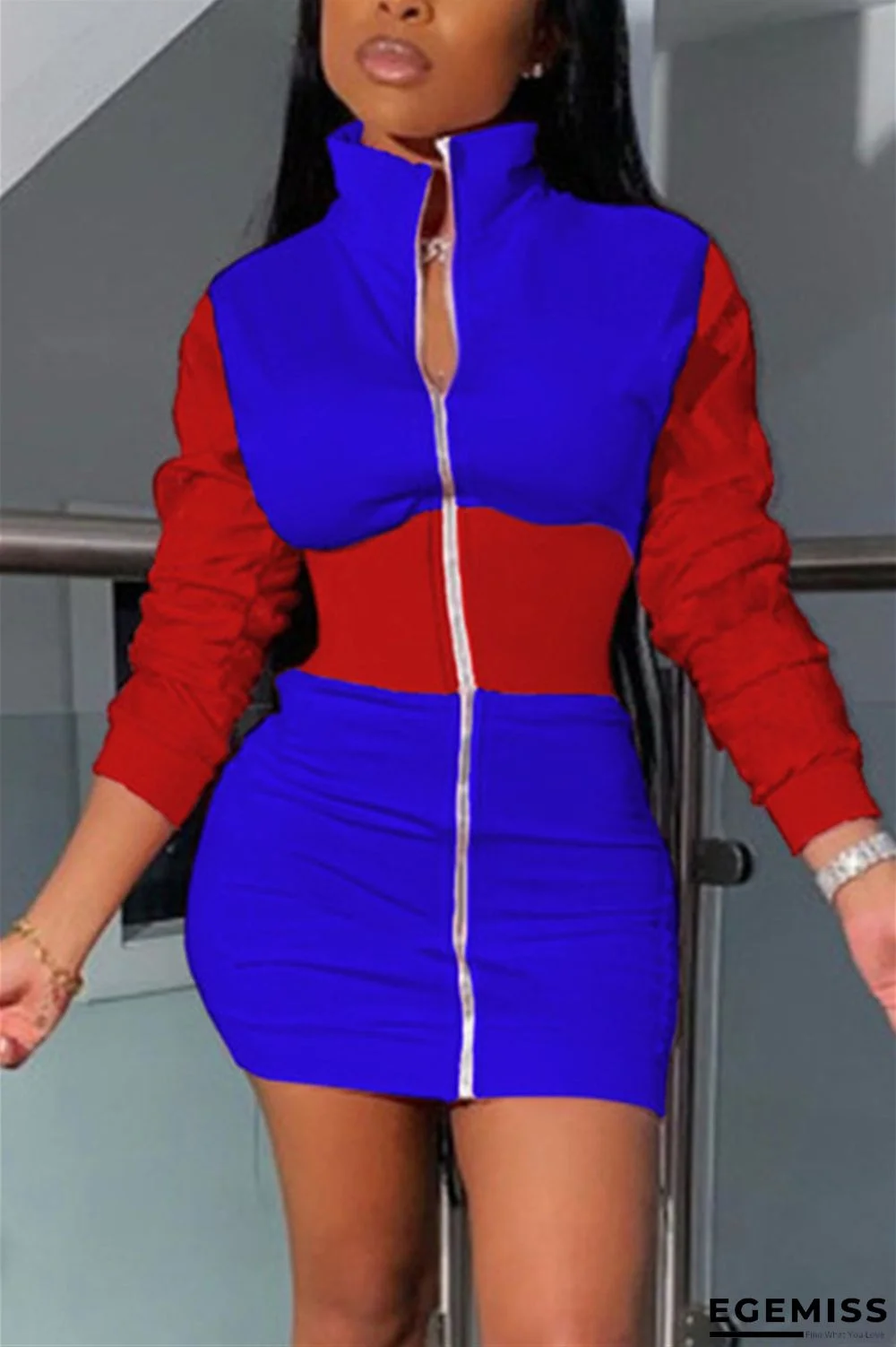 Blue Sexy Daily Twilled Satin Patchwork Solid Patchwork Basic O Neck Long Sleeve Mini Pencil Skirt Dresses | EGEMISS