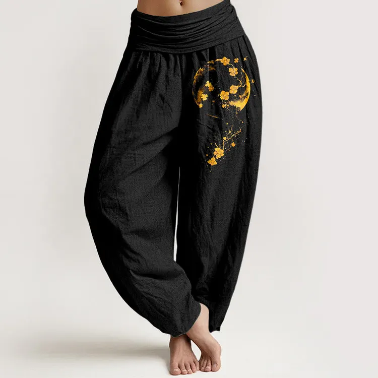 Cotton Brightly Colored Moon Flower Vine Pattern Women's Elastic Waist Harem Pants