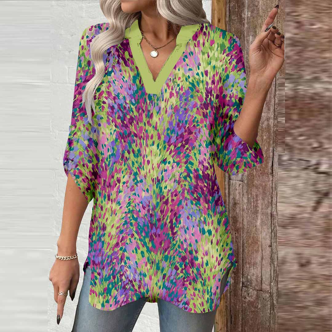 Women Splashed,  Green,  Red DZGA0415 3/4 Sleeve V-neck Printed Graphic Button Tops