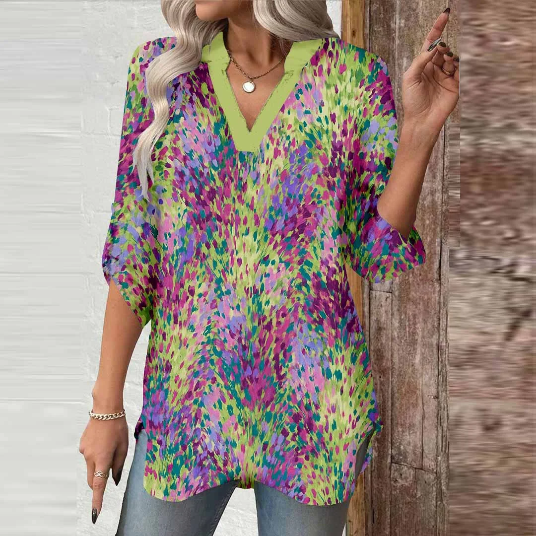 Women Splashed,  Green,  Red DZGA0415 3/4 Sleeve V-neck Printed Graphic Button Tops