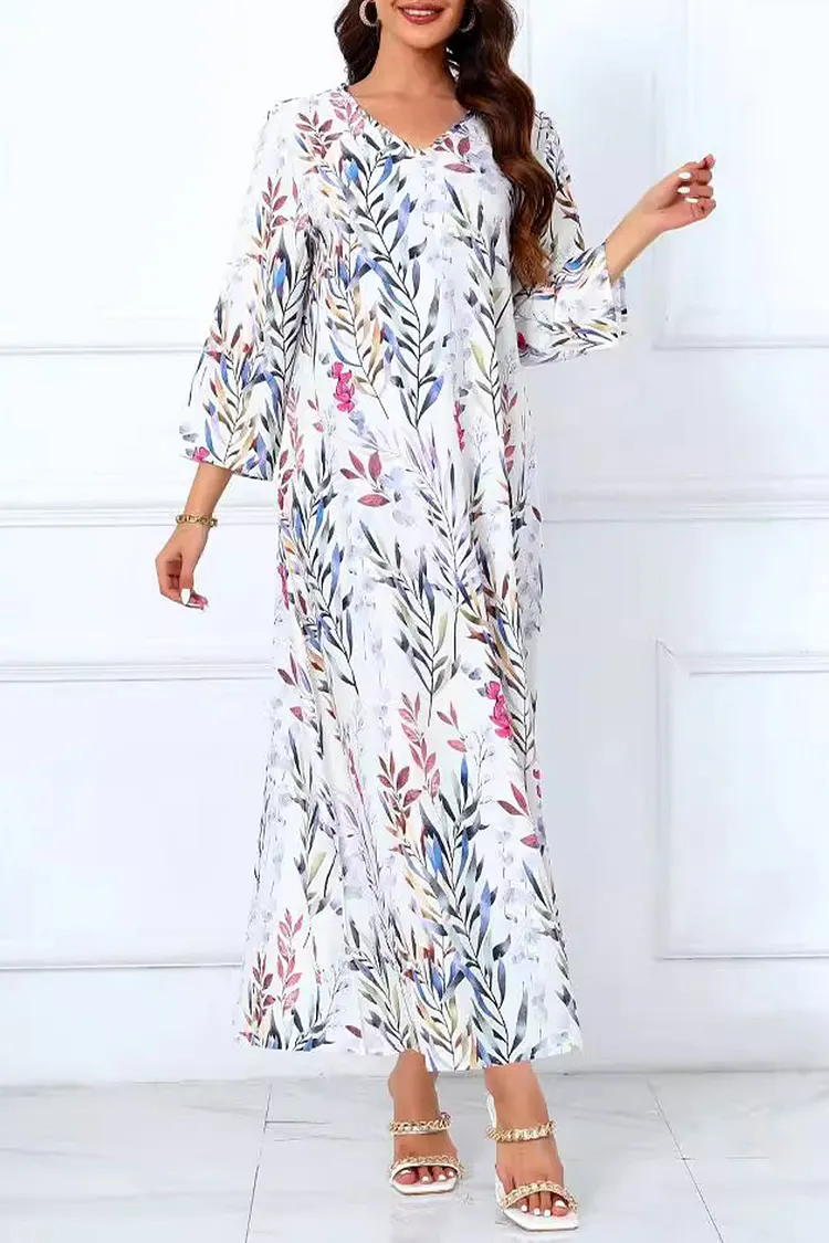 Multicolor Leaf Print V Neck Three Quarter Sleeve Kaftan Maxi Dresses-White