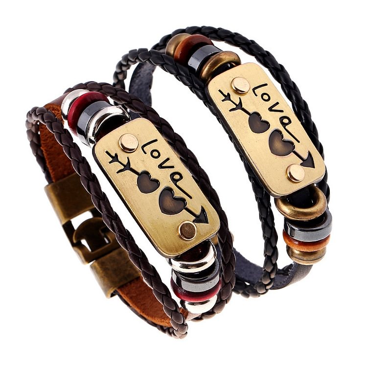 Leather double buckle bracelet braided hand rope one arrow pierced heart bracelet