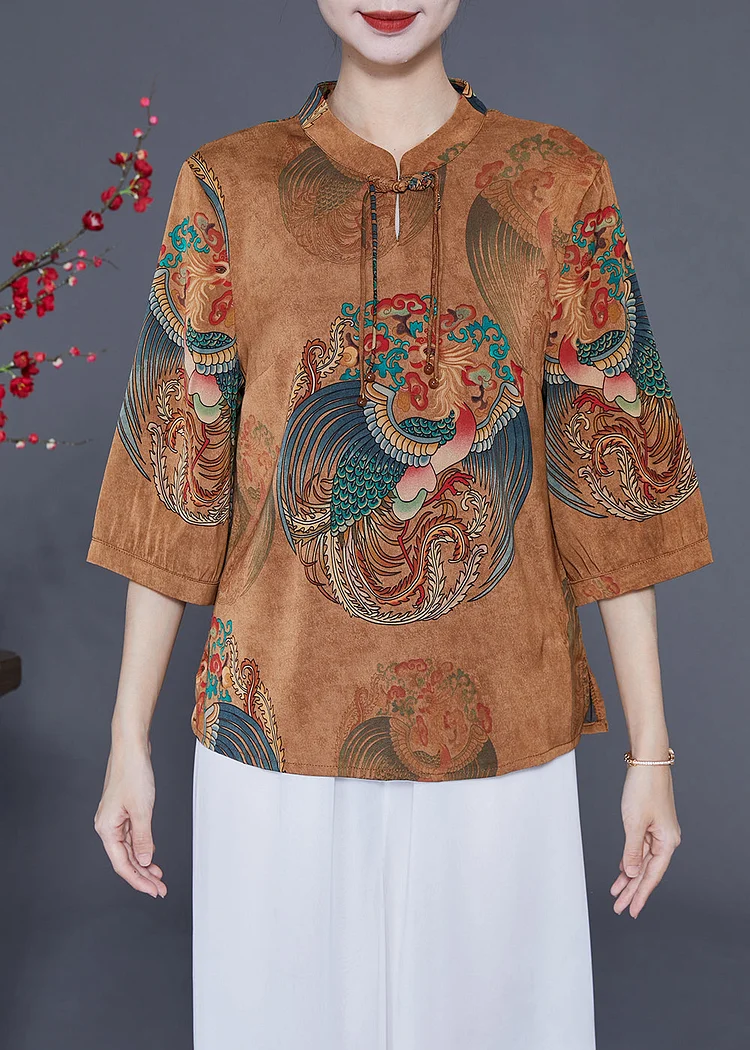 Women Coffee Mandarin Collar Chinese Button Tassel Print Silk Top Bracelet Sleeve