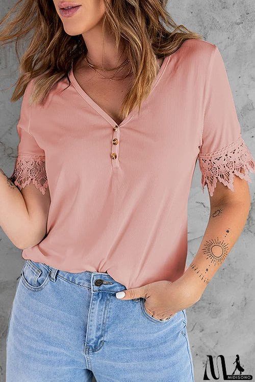 MidiSono - Button V-collar Short Sleeve T-shirt