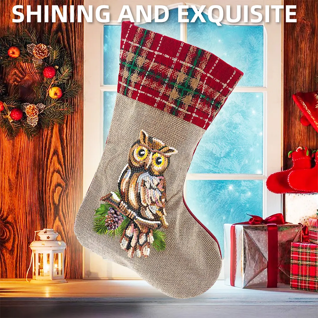 DIY Diamond Painting Christmas Stockings Hanging Ornaments Large Capacity Xmas Socks Pendant Wear Resist Candy Gift Storage Bags for Family Christmas Holiday Party Decoration (Owl)