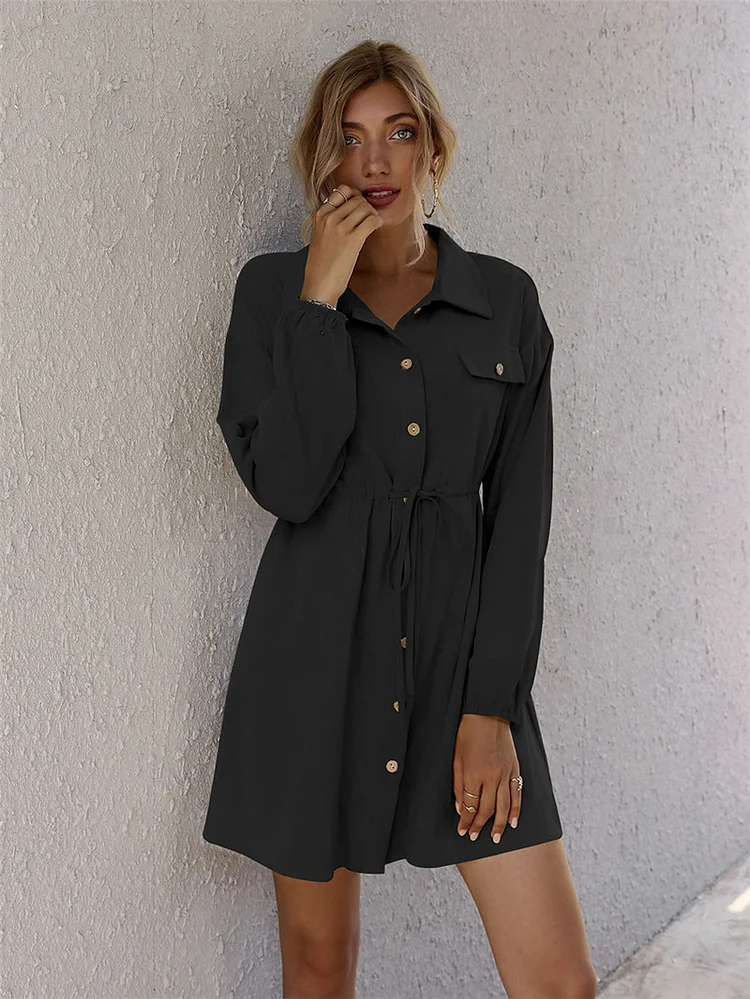 Women's Fashion Pocket Breasted Belt Long Sleeve High Waist Casual Dress