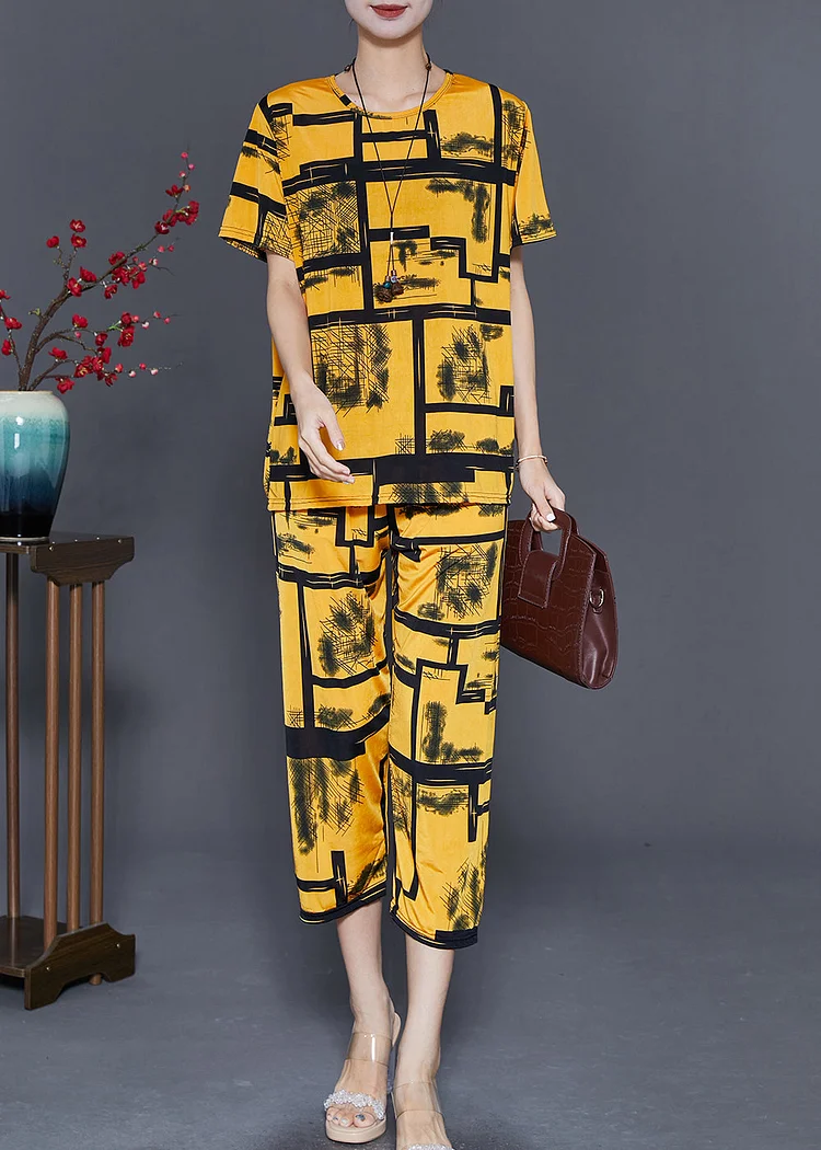 Unique Yellow Oversized Print Ice Silk Two Pieces Set Summer