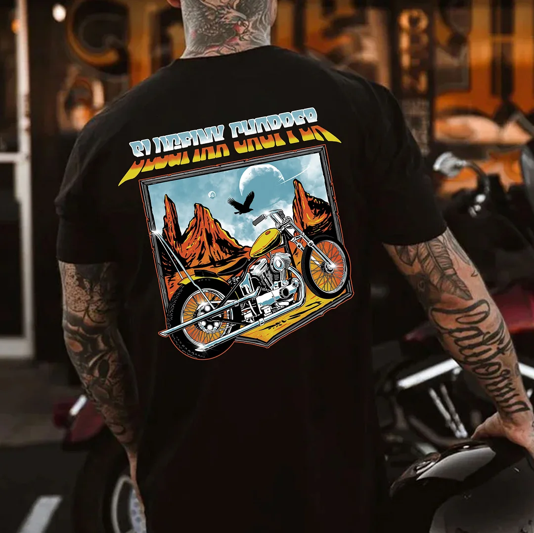 Motorcycle and Landscape Black Print T-Shirt