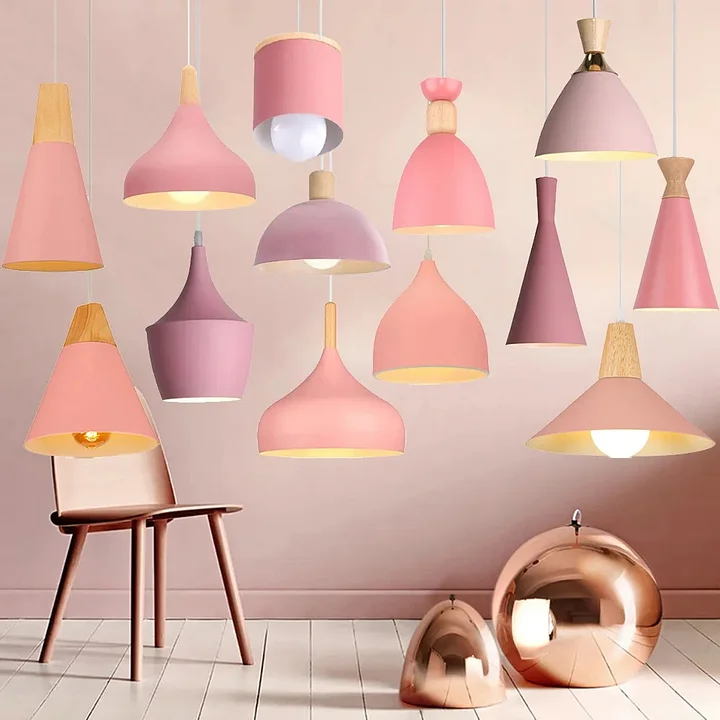 Nordic Modern E27 Wood Pendant Light Pink Pendant Lamp Shade for