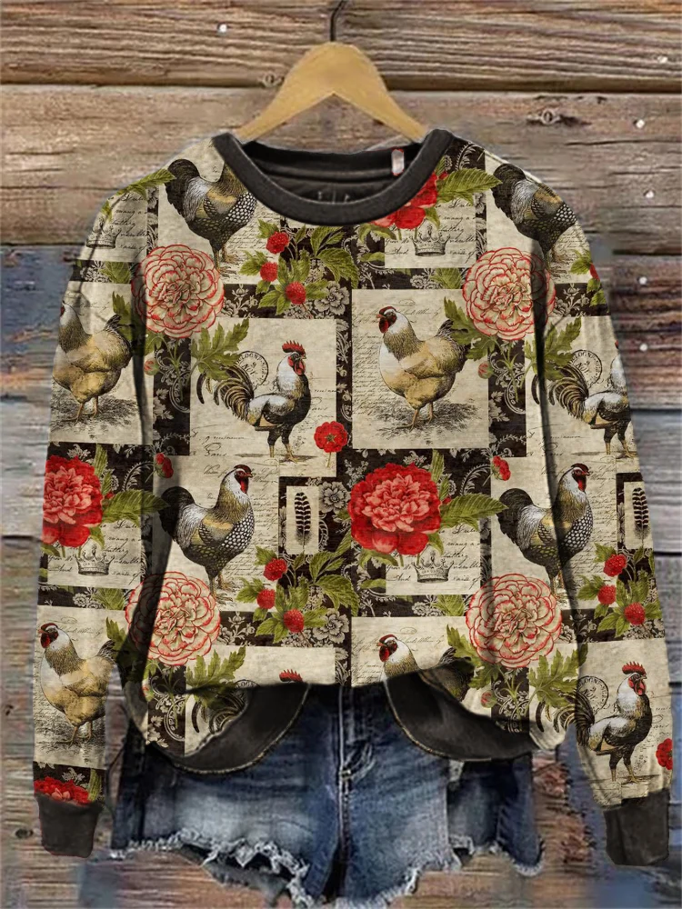 Wearshes Vintage Chickens Floral Pattern Comfy Sweatshirt