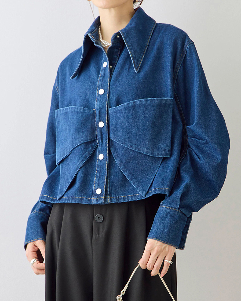 Bow Pockets Long Sleeve Single Breasted Denim Shirt