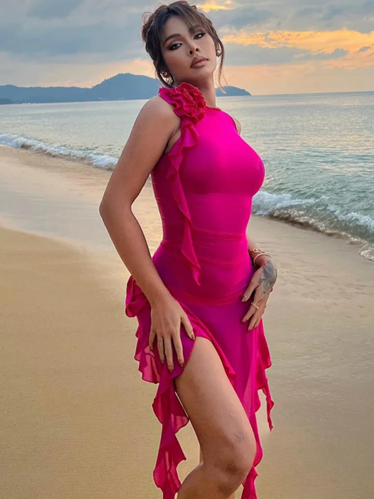 Black Mesh See Through Dress Women Fashion Ruffles Bodycon Mini   Dress  Tassels Irregular Vacation Beach Cover Up Summer