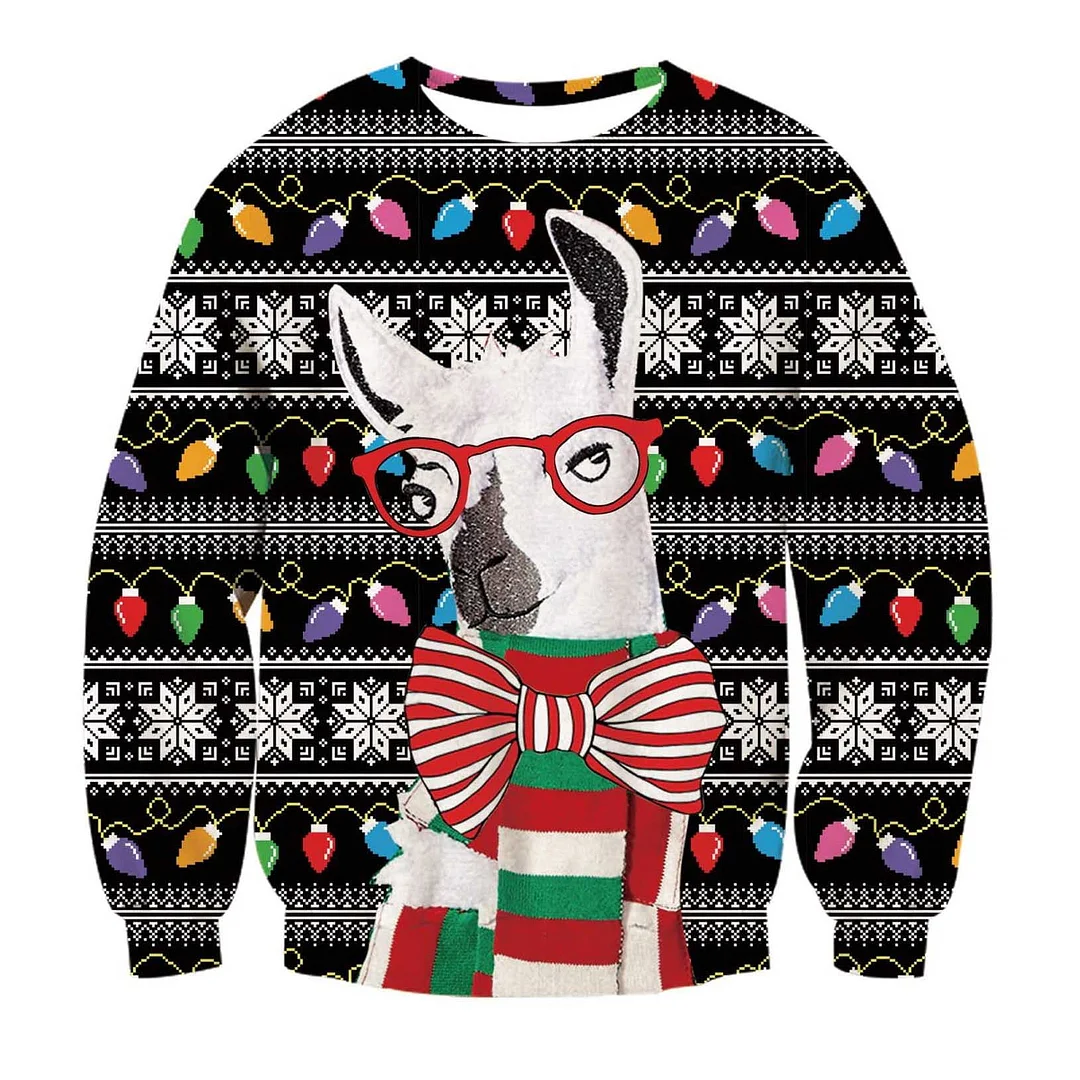Unisex Llama With Glasses Print Crew Neck Ugly Christmas Sweatshirt