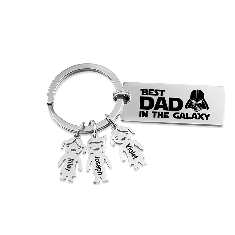 Personalized Best Dad in The Galaxy Keychain with 3 Kid Charms Father's Day Gift