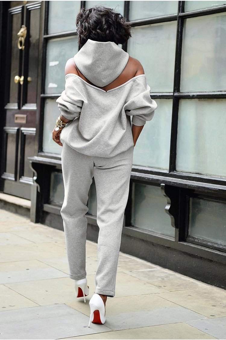 2pcs Zipper Hooded Suits Pant Set Drop Shoulder Hoodie