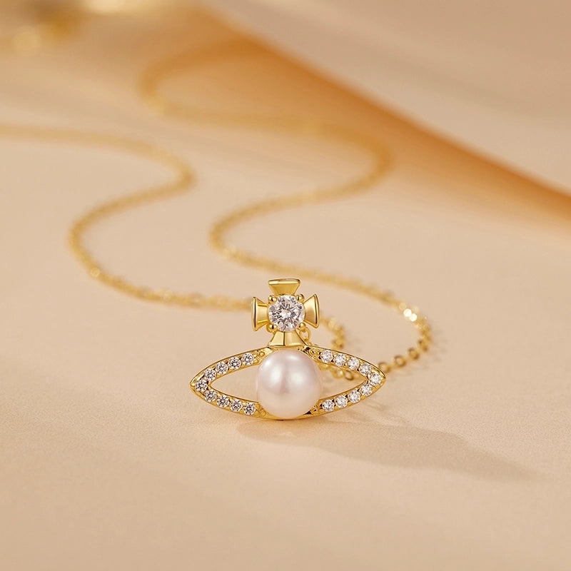 925 Sterling Silver Long-Lasting Plated Pearl Zircon Cable Chain Polishing Plating Inlay Geometric Pendant Necklace