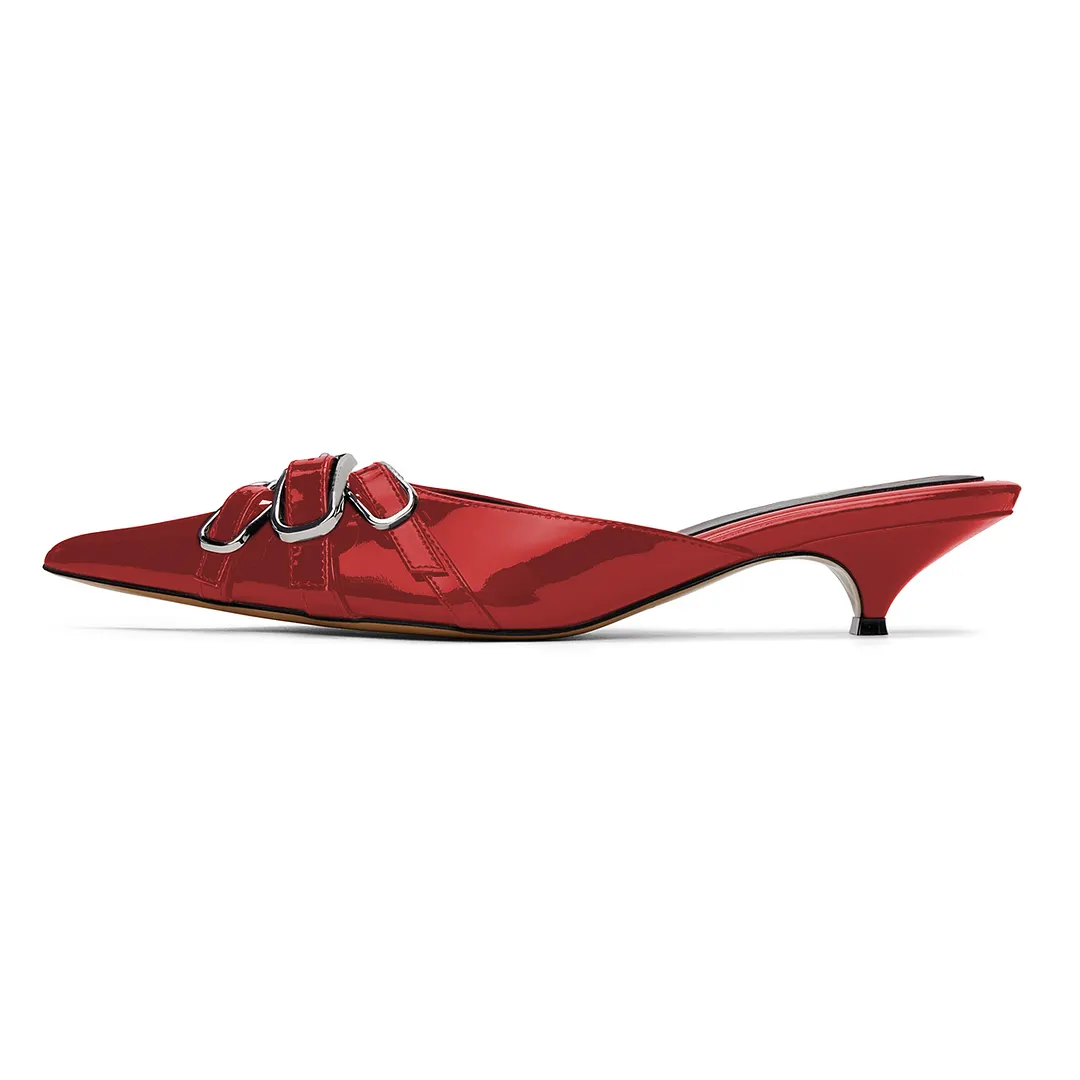 Red Patent Leather Pointed Toe Buckle Strap Decor Mules Shoes