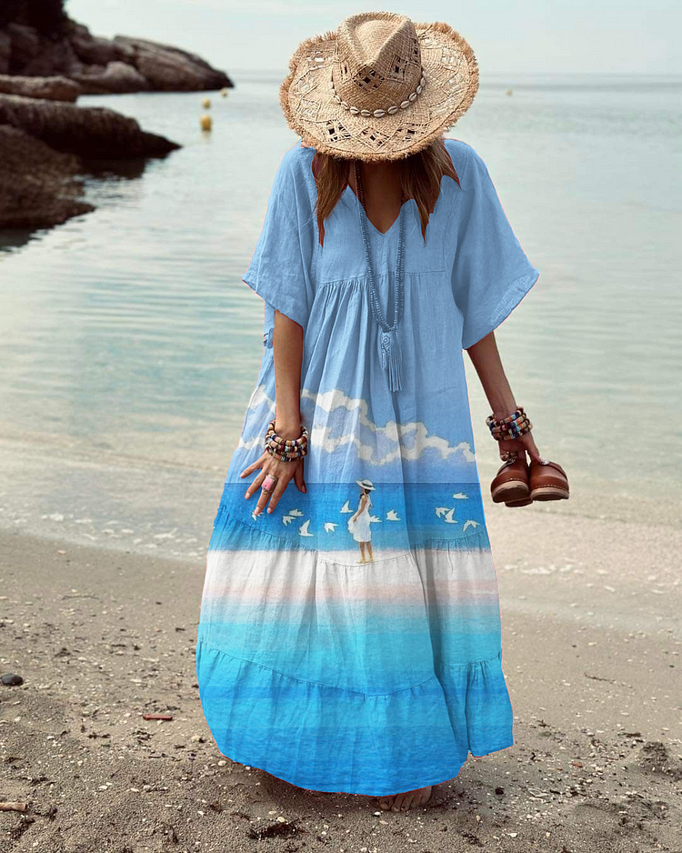 Women's Blue V-Neck Short Sleeve Loose Beach Maxi Dress socialshop