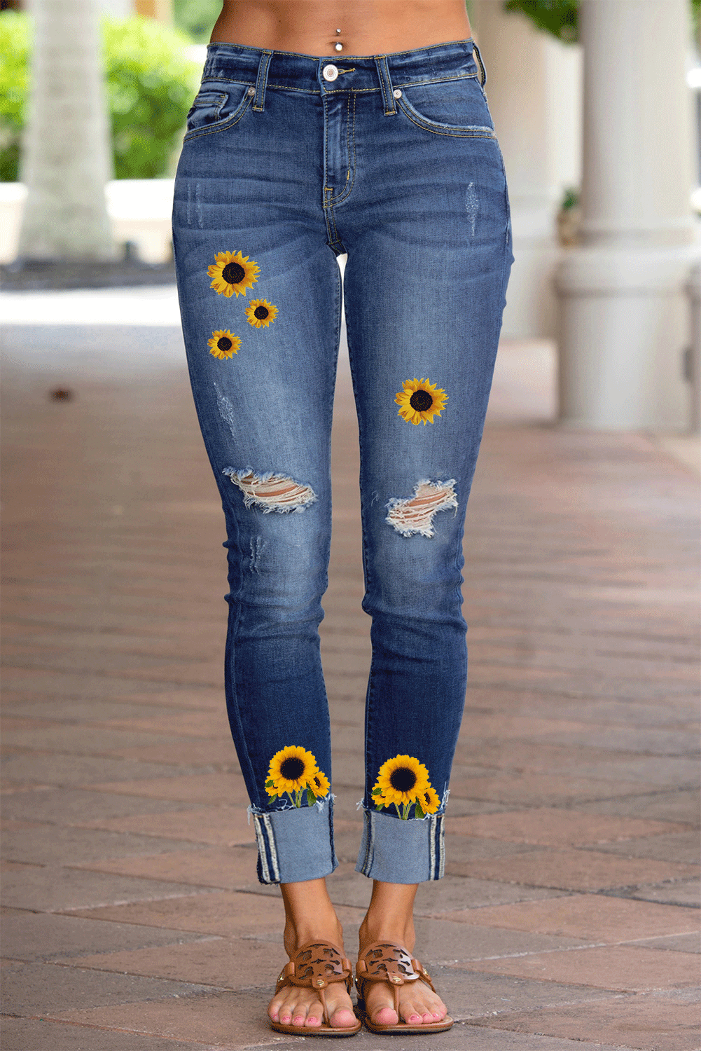 MusePointer Sunflower Ripped Mid Waist Slim Jeans MusePointer