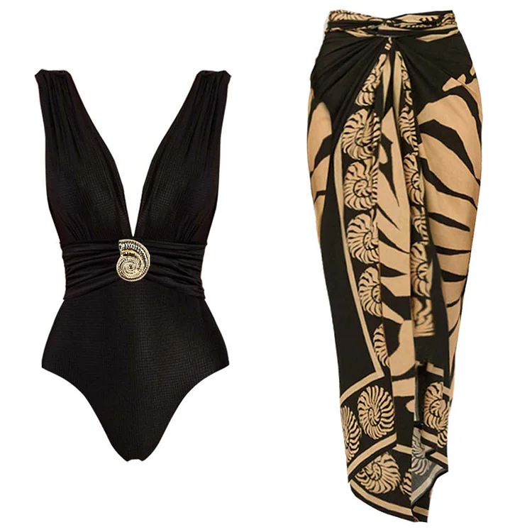 Black V-Neck Conch Decoration One Piece Swimsuit and Sarong