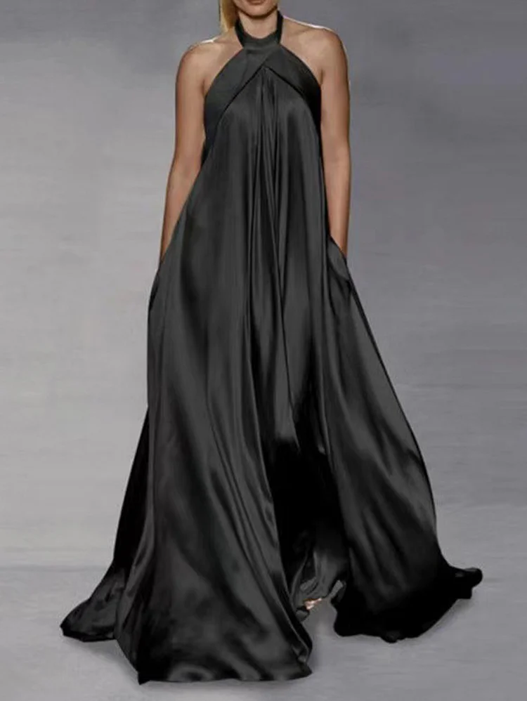 Halter Neck Sleeveless Solid Pocket Maxi Dress