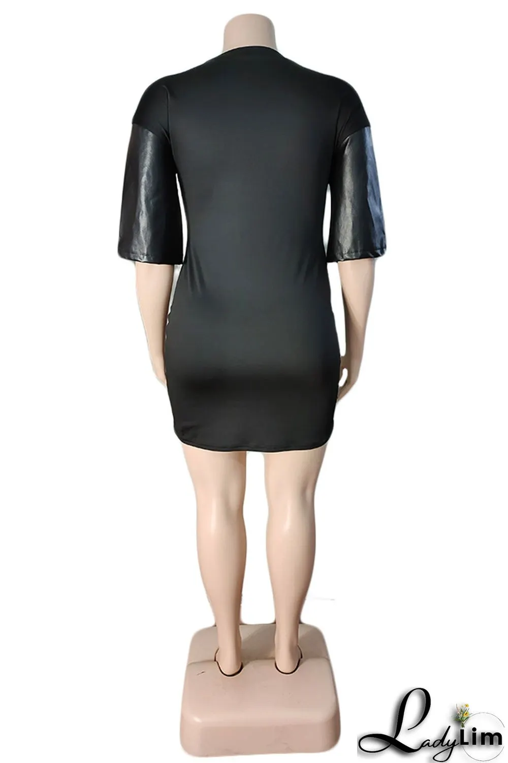 Black Fashion Casual Plus Size Letter Print Split Joint O Neck Short Sleeve Dress