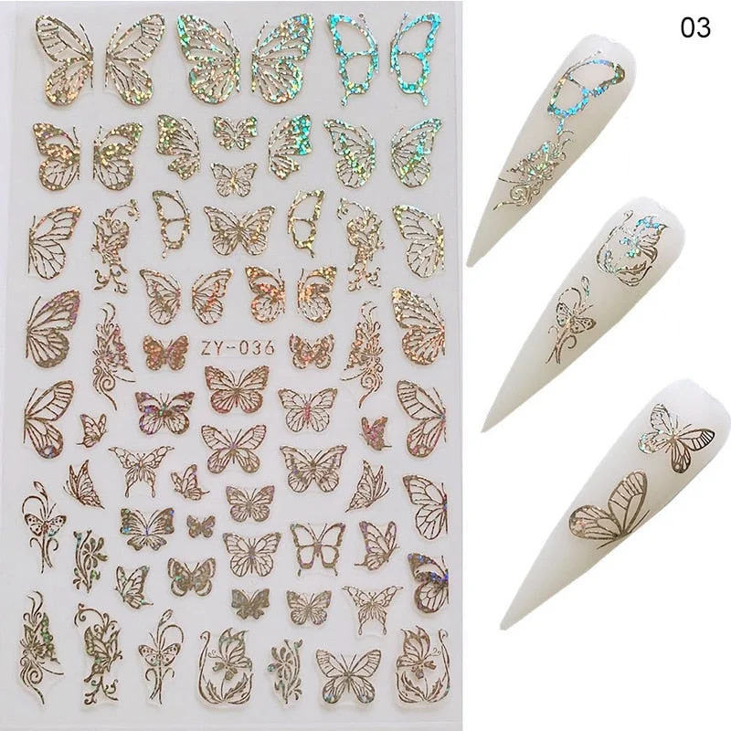1 Sheet Laser Butterfly Gold Silver Black White 3D Nail Stickers Butterflies Heart Nail Decals Slider DIY Nail Art Decotaion-Nail Inspo