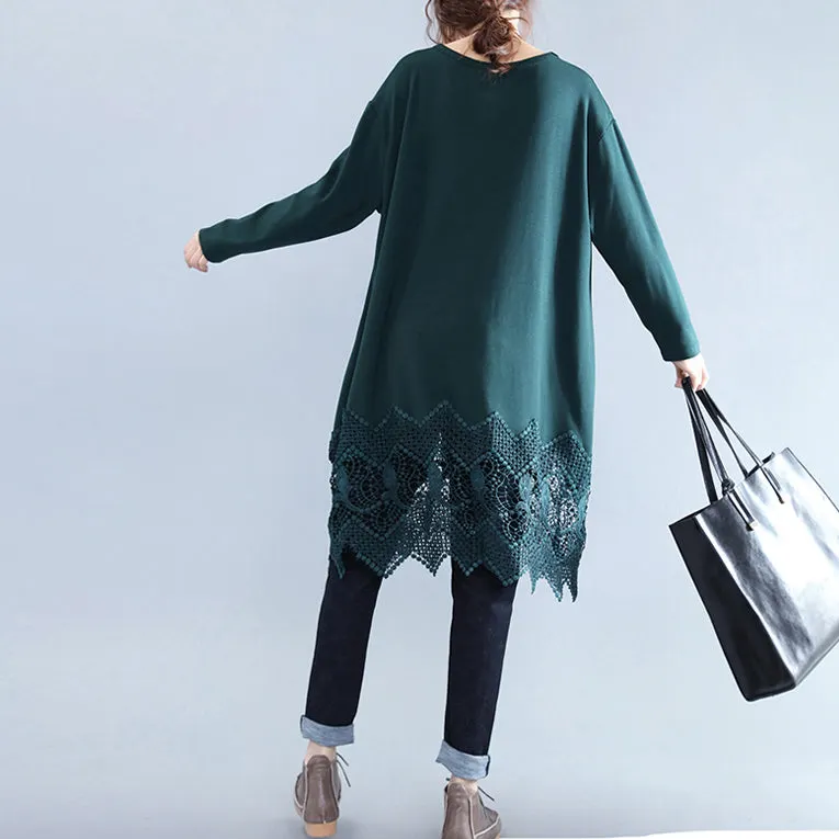 New blackish green cotton shift dress plussize cotton clothing dresses vintage lace ruffles long sleeve cotton dresses