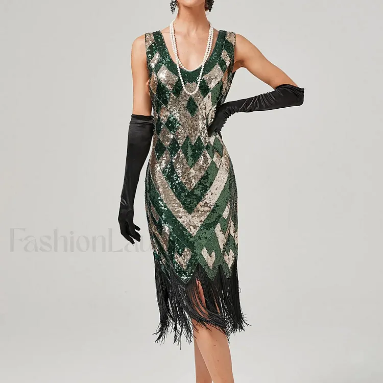 1920s Vintage Flapper Great Gatsby Party V-Neck Sleeveless Sequin Beaded Tassel Sun Vestidos Prom Dress