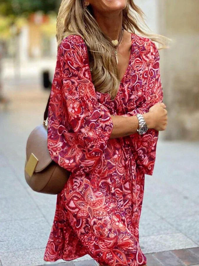Women's Resort Style V-Neck Printed Bell Sleeve Dress