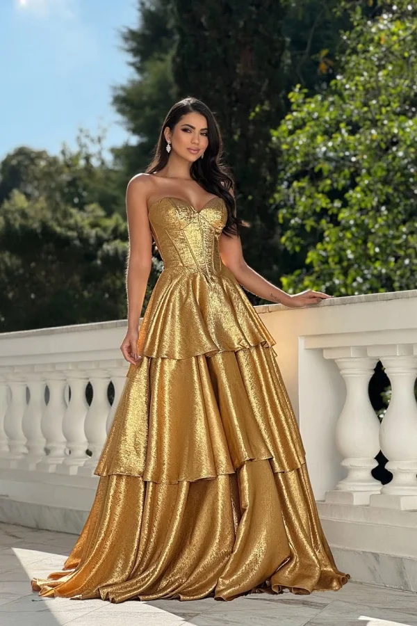 Miabel Charming Gold Sweetheart Pleated Sleeveless Long Prom Dress with Ruffles 