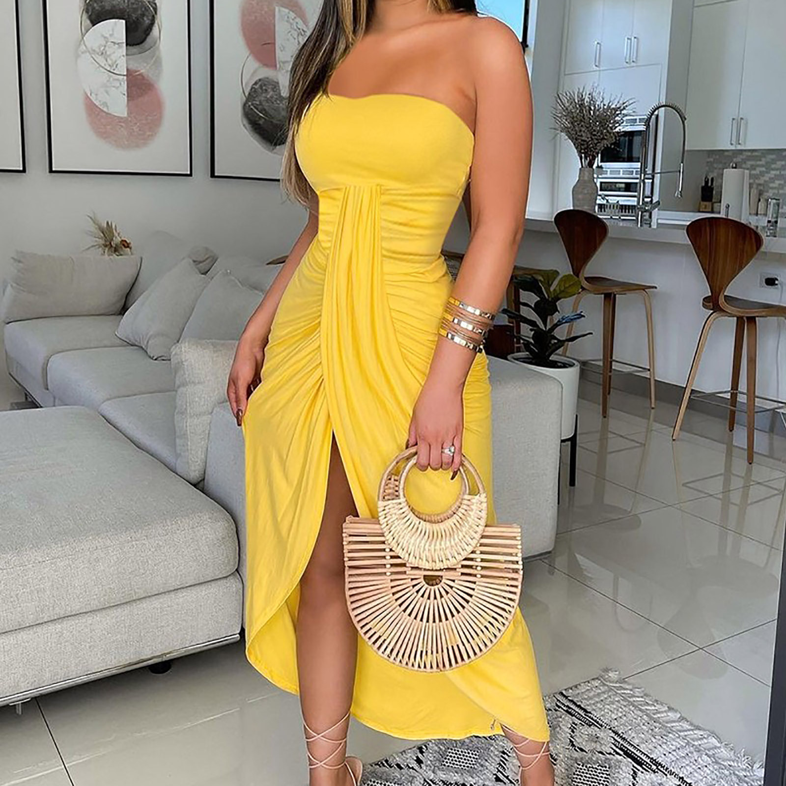 One Shoulder Twisted Ruched Slit Casual Dress