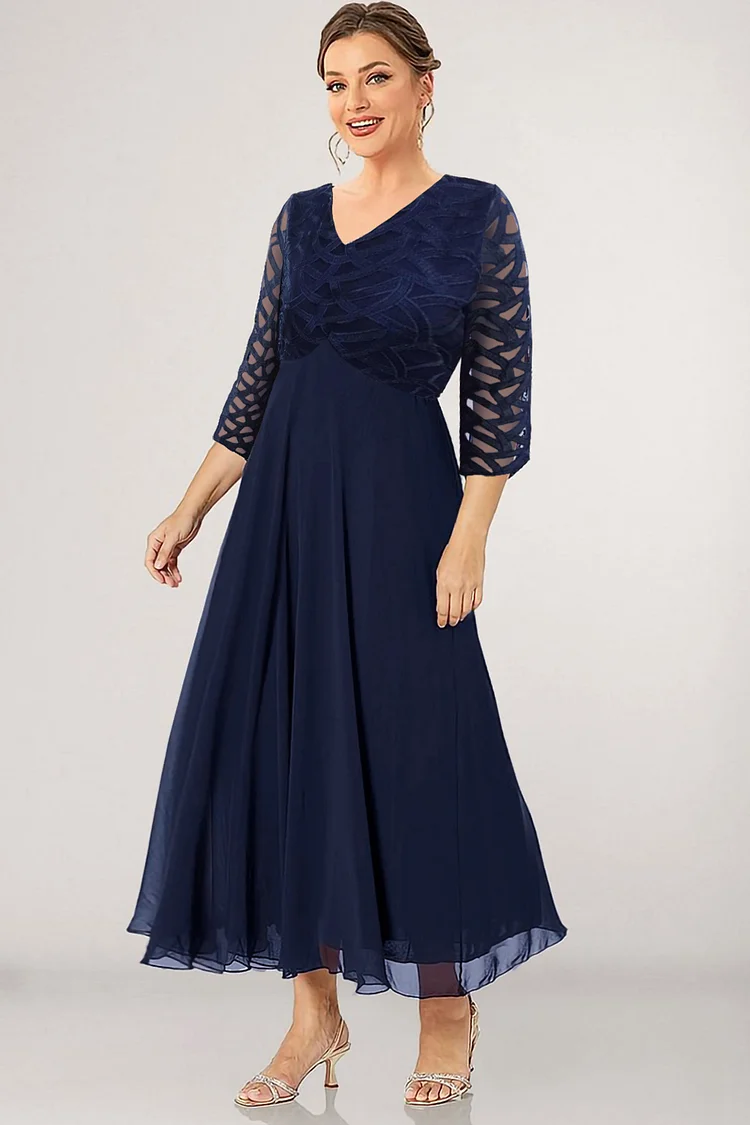 Flycurvy Plus Size Mother Of The Bride Navy Blue Chiffon V Neck Tunic Tea-Length Dress  Flycurvy [product_label]