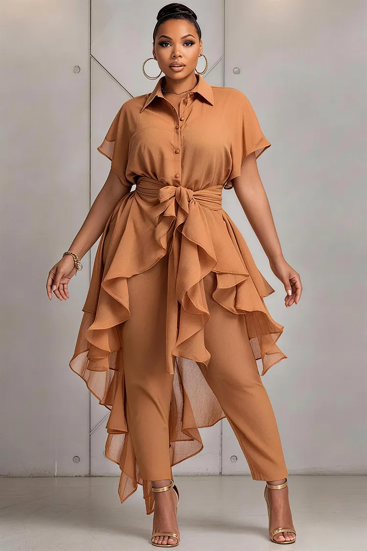 Xpluswear Design Plus Size Business Casual Khaki Shirt Collar Short Sleeve With&nbsp;Skirt&nbsp;Overlay&nbsp;Ruffle Three Piece Pant Sets [Pre-Order] 2024 - Xpluswear