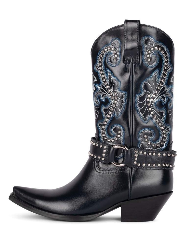Embroidered Studded Ankle Strap Slip-On Mid-Calf Pointed-Toe Chunky Heel Western Chelsea Boots