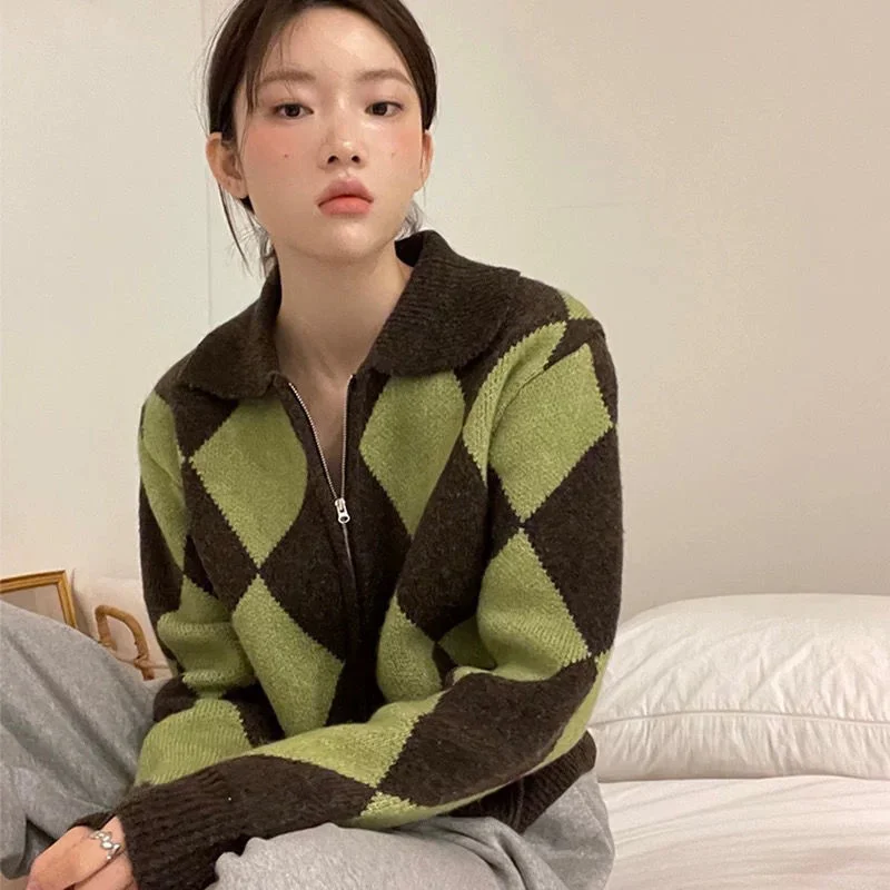 Wongn Vintage Y2K Green Argyle Sweater Cardigan Zip Up Harajuku Retro Streetwear Oversized Gray Jumper Female Korean Fashion