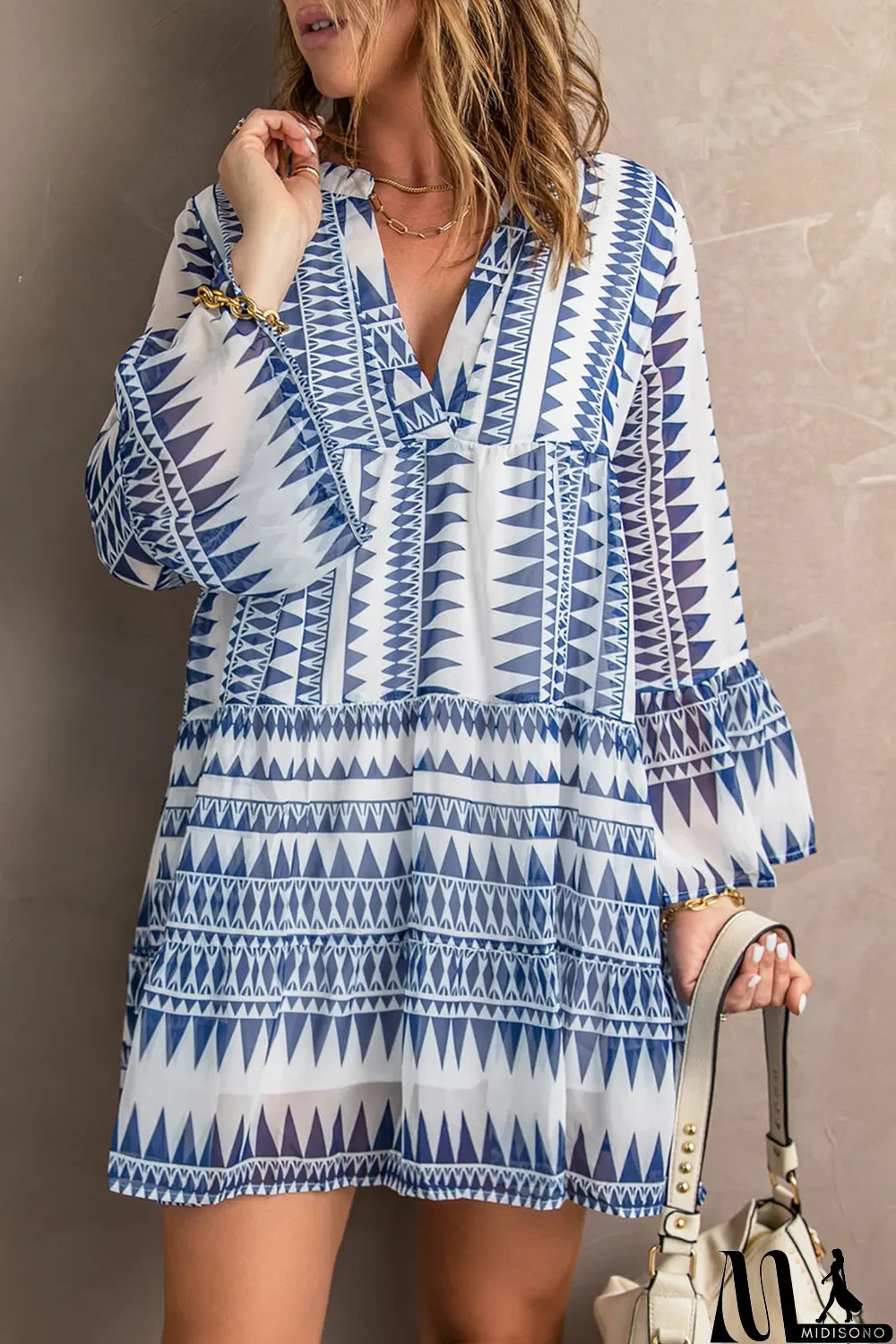 MidiSono - Blue Geometric Print V neck Flare Half Sleeve Ruffle Swing Mini Dress