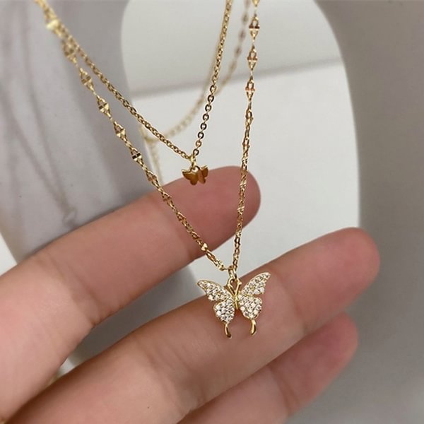 "New 925 Silver Diamond Double Layer Cute Butterfly Pendant Chain Necklace Clavicle Chain" "Ladies Jewelry" - Shop Trendy Women's Fashion | TeeYours