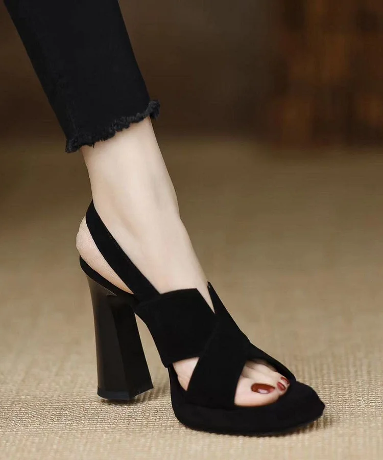 Black Sandals High Heel Sheepskin Women Splicing Peep Toe Buckle Strap
